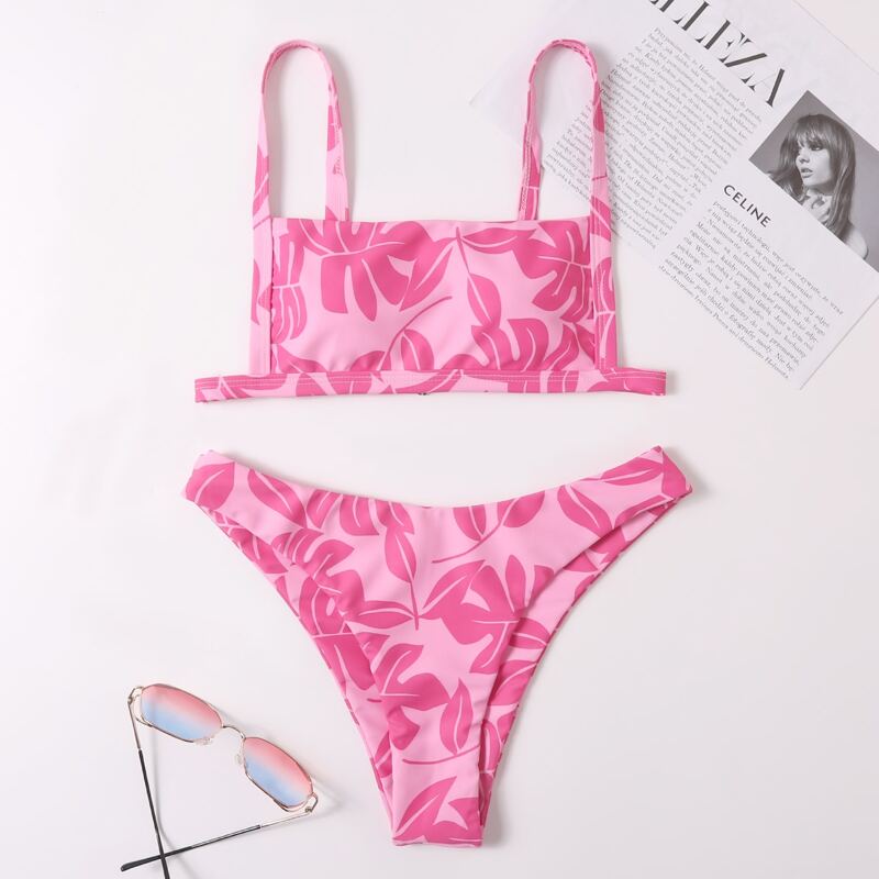 

Leaf Print High Cut Bikini Swimsuit, Pink