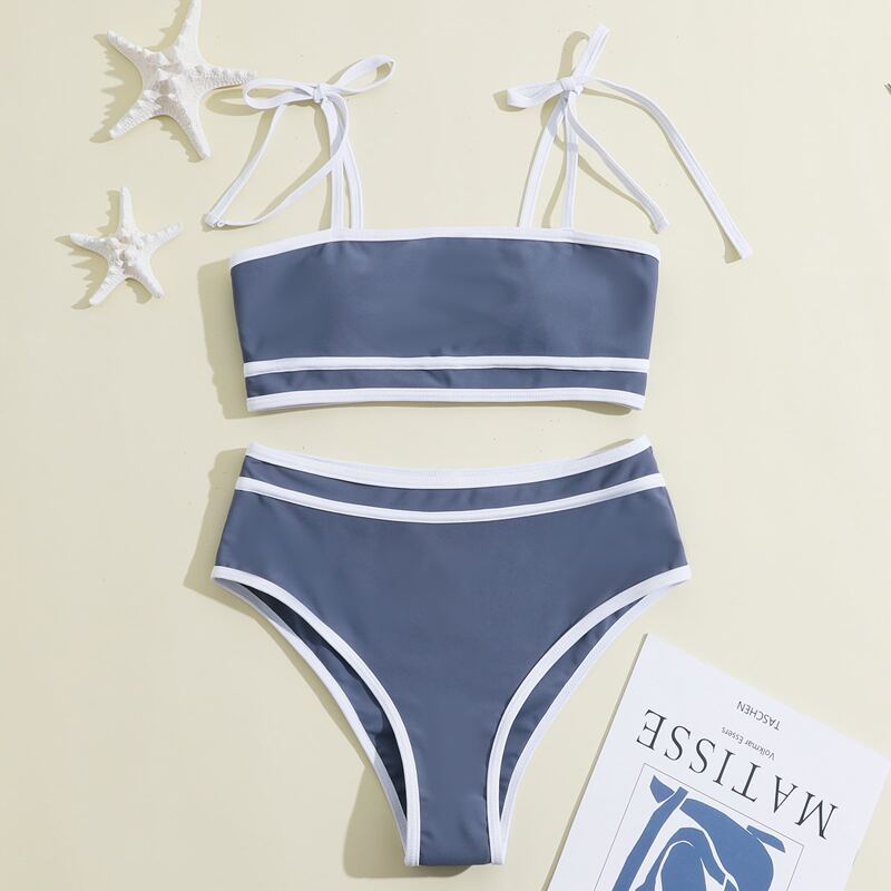 

Contrast Binding High Waist Bikini Swimsuit, Dusty blue