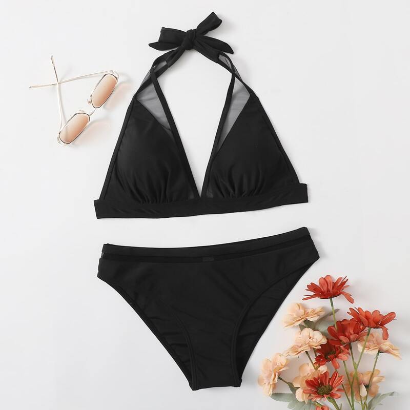 

Solid Mesh Insert Bikini Swimsuit, Black