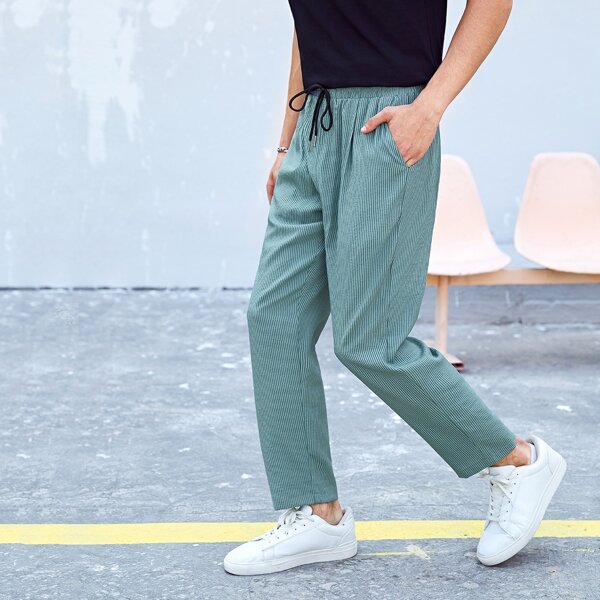 

Men Striped Print Drawstring Waist Pants, Cadet blue