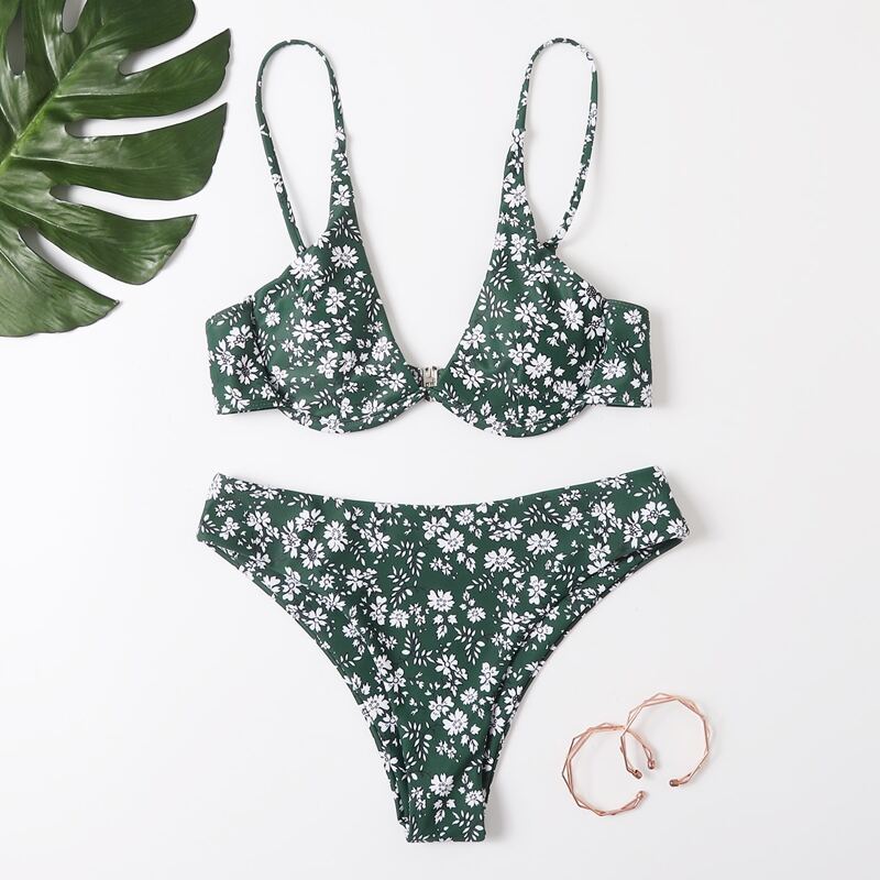 

Ditsy Floral Push Up Bikini Swimsuit, Dark green