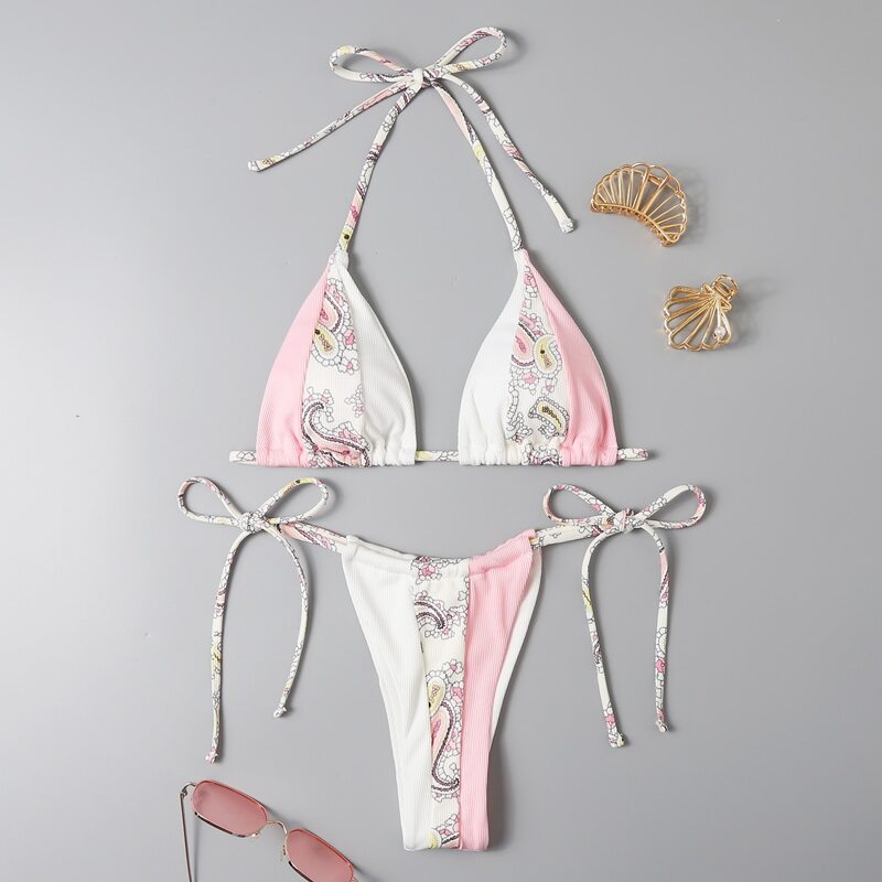 

Colorblock Triangle Tie Side Bikini Swimsuit, Multicolor