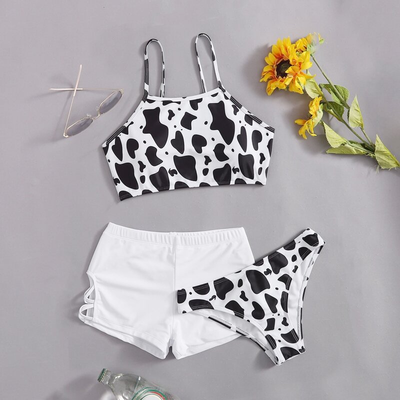 

3pack Cow Print Cut-out Bikini Swimsuit, Black and white