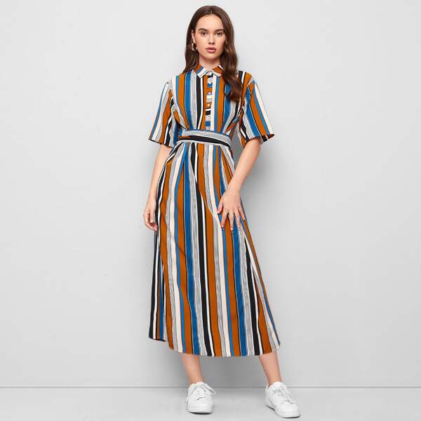 

Single Breasted Belted Striped Shirt Dress, Multicolor