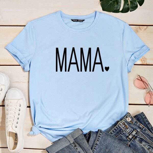 

Letter And Heart Print Tee, Baby blue