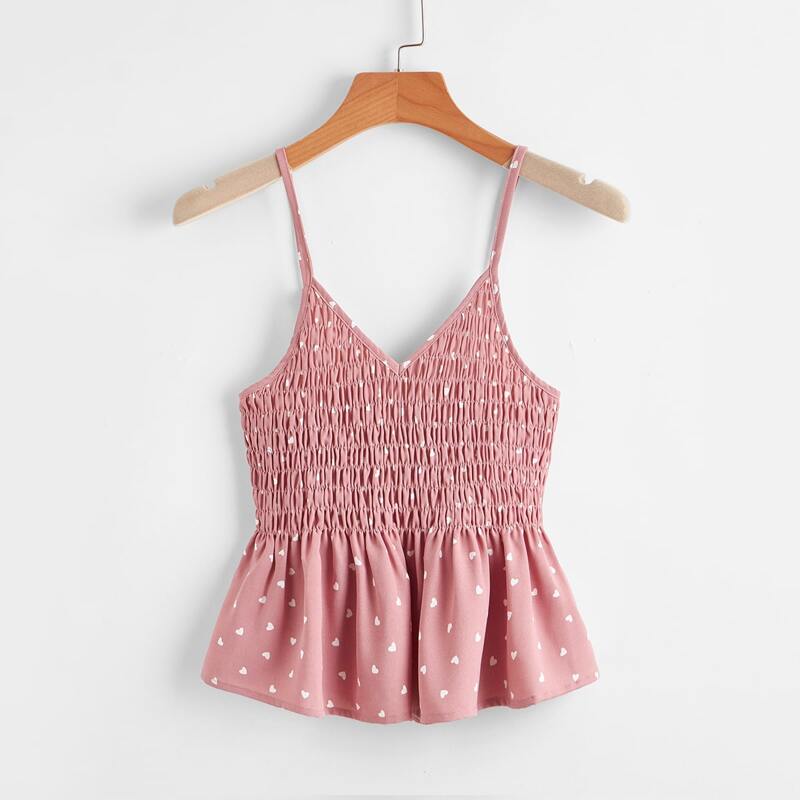 

Heart Print Shirred Cami, Dusty pink
