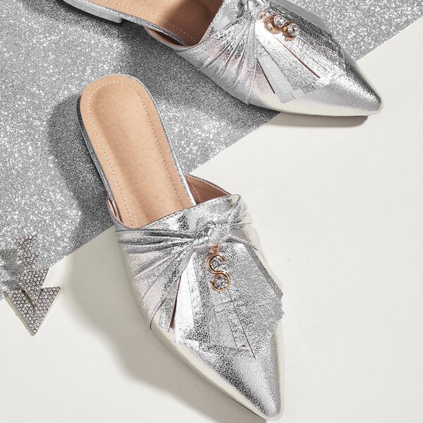 

Metallic Rhinestone Decor Flat Mules, Silver