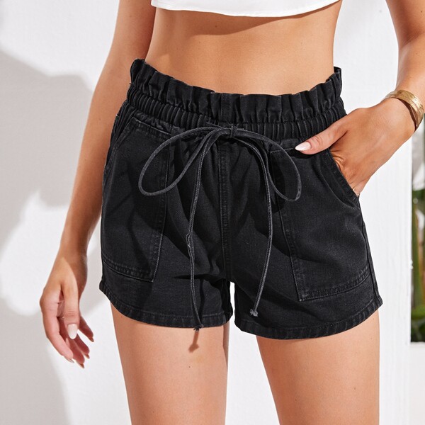 

High Waist Knot Detail Denim Shorts, Black