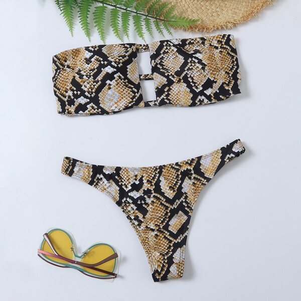 

Snakeskin Cut-out Bandeau Bikini Swimsuit, Multicolor