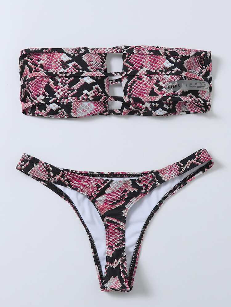 Snakeskin Print Cut-Out Bandeau Bikini Set, For Summer Beach Vacation - Pink - View 2