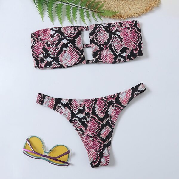 

Snakeskin Cut-out Bandeau Bikini Swimsuit, Pink