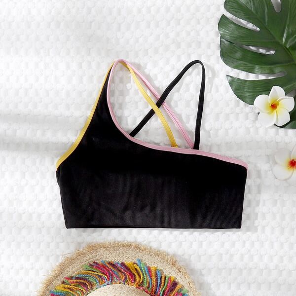 

Rib Contrast Binding Bikini Top, Black