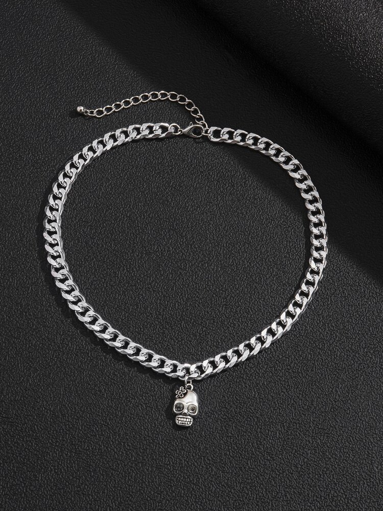 Men Skull Charm Necklace - Silver - View 2