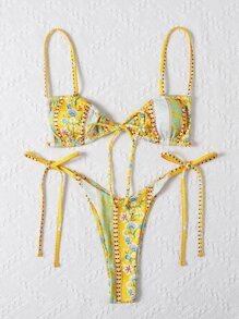 Swim Mod Summer Beach Ditsy Floral Rib Tie Side Bikini Set
