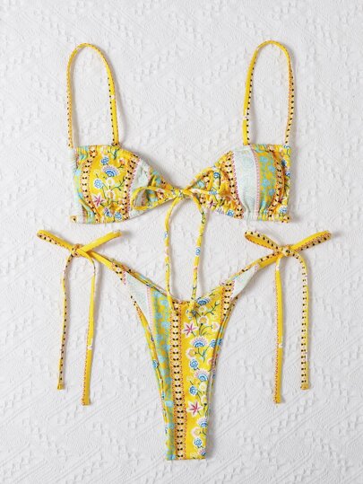 Ensemble de bikini à fleurs ribbon à petits motifs pour la plage d'été