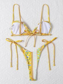 Swim Mod Summer Beach Ditsy Floral Rib Tie Side Bikini Set