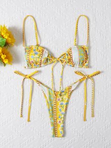 Swim Mod Summer Beach Ditsy Floral Rib Tie Side Bikini Set