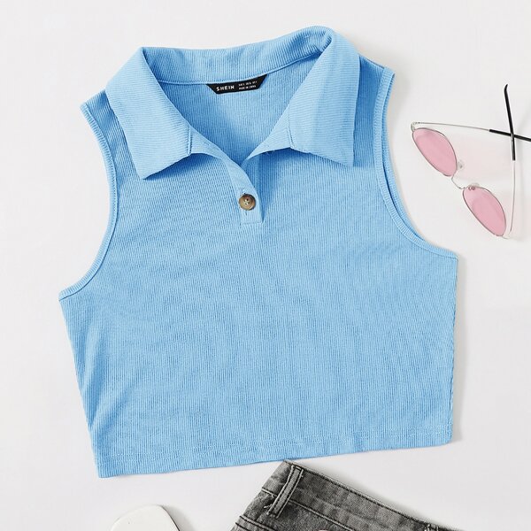 

Button Half Placket Rib-knit Tank Top, Baby blue