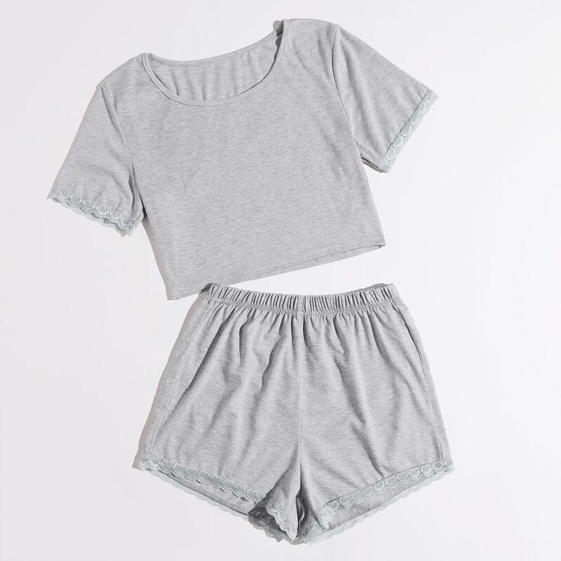

Contrast Heart-Lace Pajama Set, Light grey