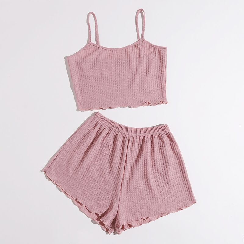 

Solid Lettuce Trim Pajama Set, Dusty pink