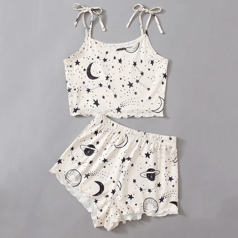 

Galaxy & Planet Graphic Tie Shoulder Pajama Set, Multicolor