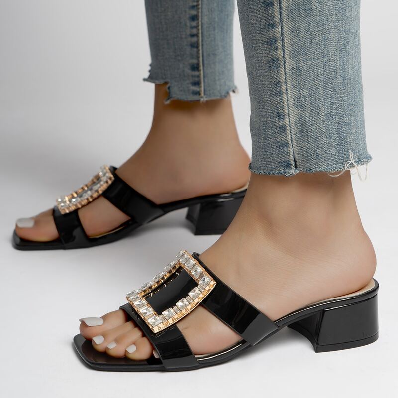 

Rhinestone Chunky Heeled Mules, Black