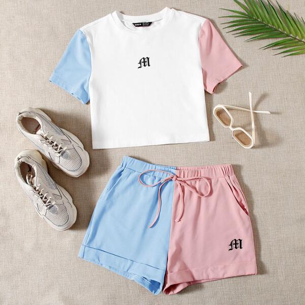 

Colorblock Sleeve Graphic Print Top & Rolled Hem Shorts Set, Multicolor