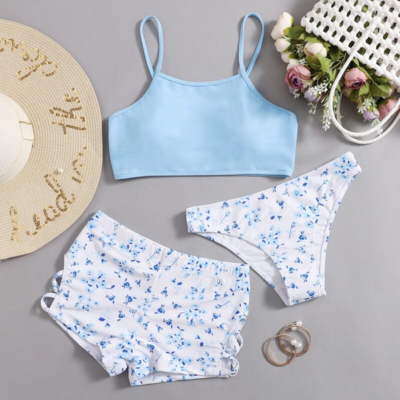

3pack Floral Cut-out Bikini Swimsuit, Blue and white