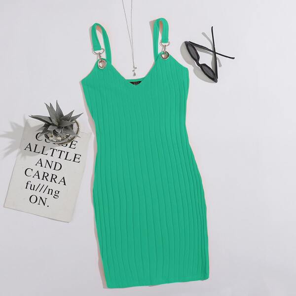 

O-ring Strap Rib-knit Bodycon Dress, Green