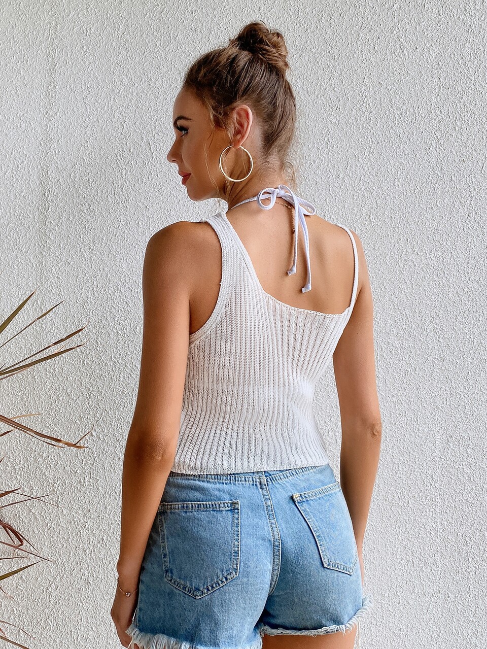 Asymmetrical Neck Rib-knit Crop Top Without Bra