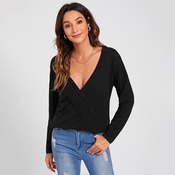 

Solid Plunging Neck Blouse, Black