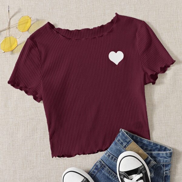 

Lettuce Trim Heart Embroidery Top, Maroon