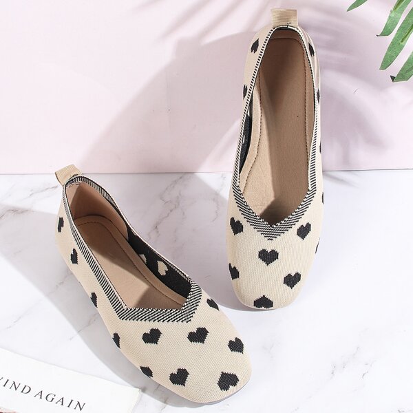 

Heart Pattern Knit Slip On Flats, Beige