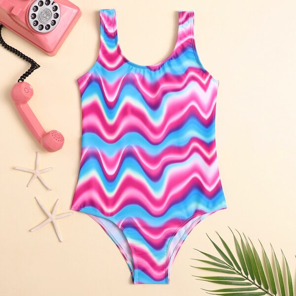 

Girls Wave Striped One Piece Swimsuit, Multicolor