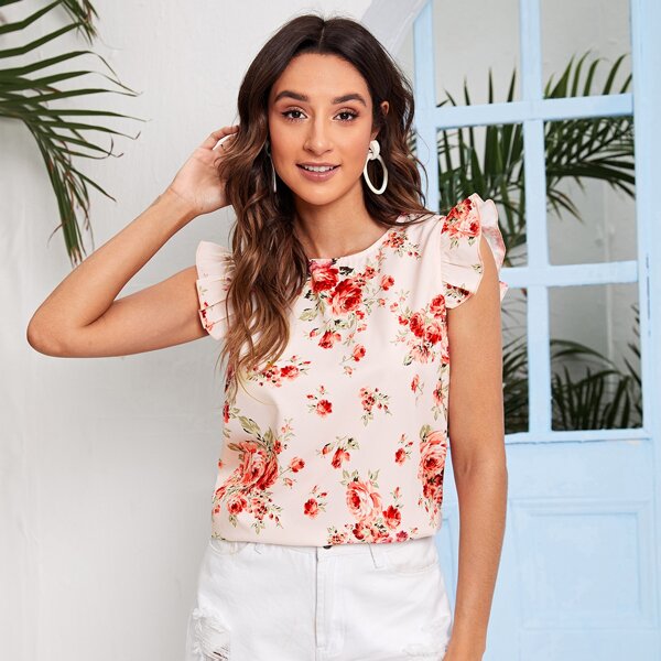 

Ruffle Trim Floral Print Top, Multicolor