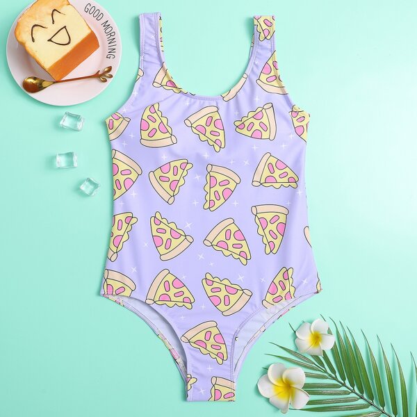 

Girls Pizza Print One Piece Swimsuit, Pastel lilac purple
