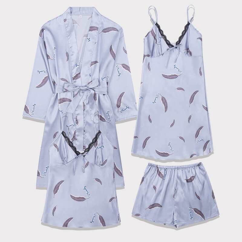 

4 Pack Satin Feather Print Belted Robe Set, Grey