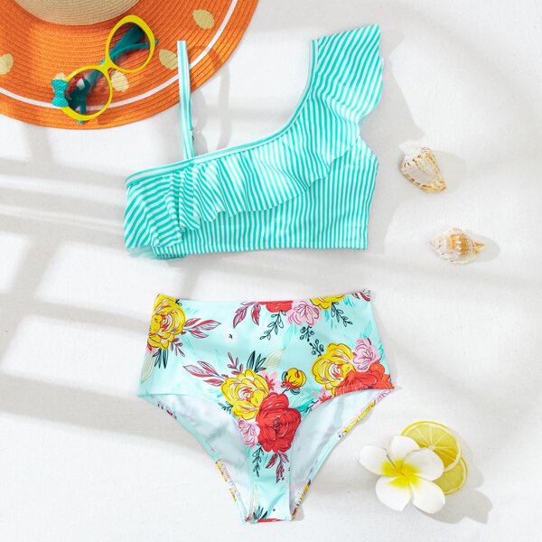 

Girls Striped & Floral Print Ruffle Bikini Swimsuit, Multicolor