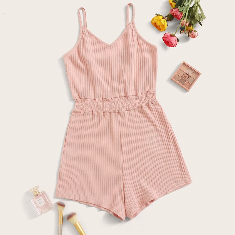 

Rib-knit Shirred Waist Cami Lounge Romper, Baby pink