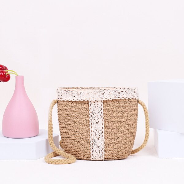 

Girls Lace Decor Straw Crossbody Bag, Khaki