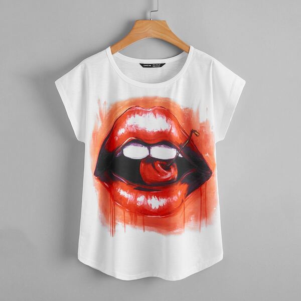 

Batwing Sleeve Lip Print Tee, White