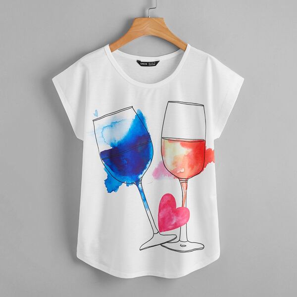 

Batwing Sleeve Red Wine Glass Print Tee, White