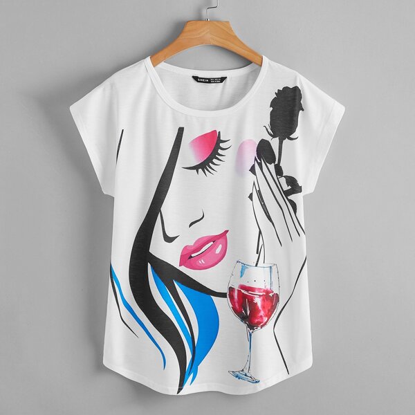

Batwing Sleeve Figure Graphic Tee, White