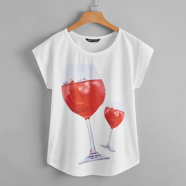 

Batwing Sleeve Red Wine Glass Print Tee, White