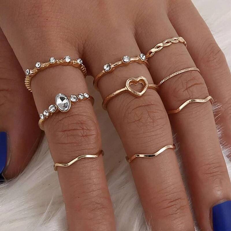 

9pcs Heart Rhinestone Ring, Gold