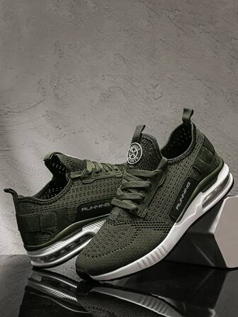 Men's Green Knitted Athletic Shoes With Decorative Lace-up