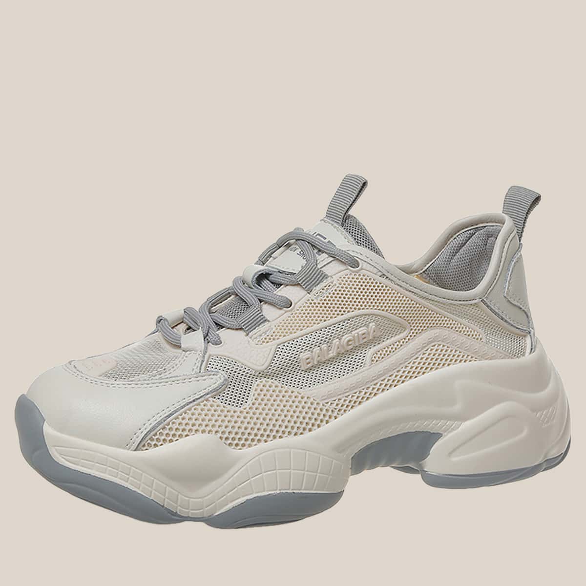 

Lace-up Mesh Chunky Sneakers, Beige