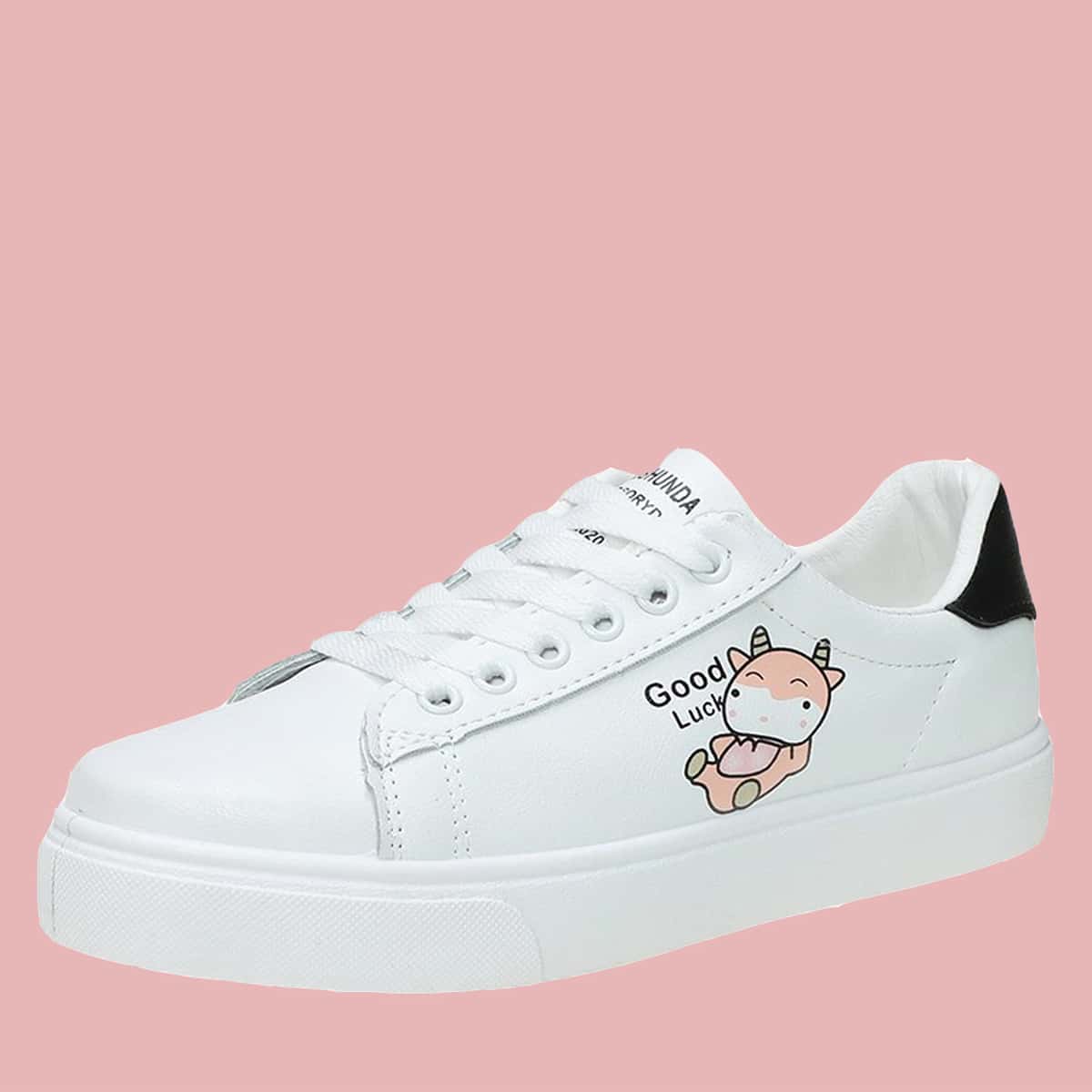 

Cartoon Cow Lace-up Skate Shoes, White