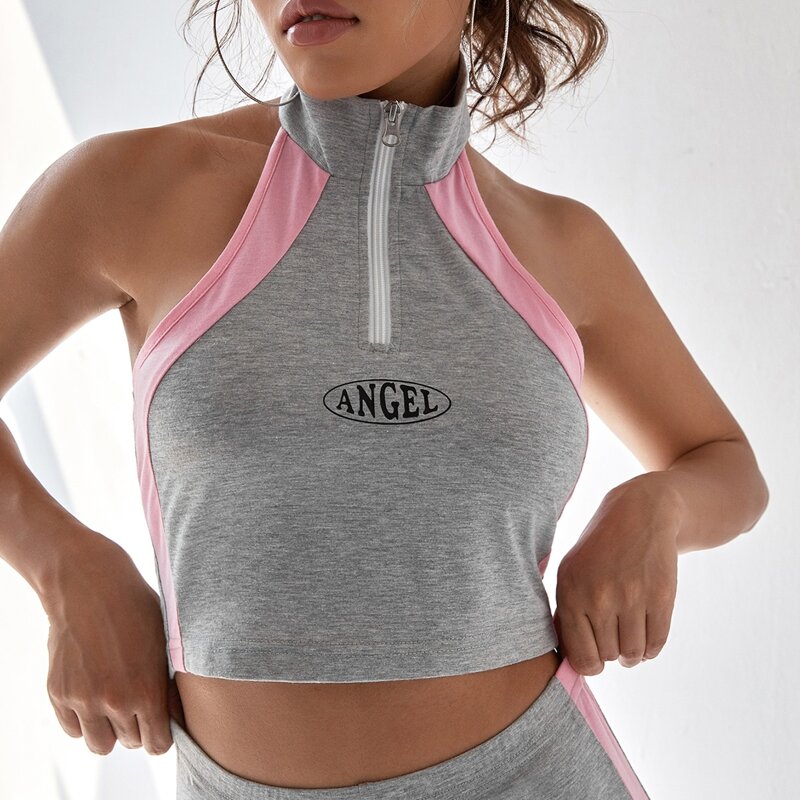 

Letter Graphic Colorblock Backless Crop Halter Top, Light grey