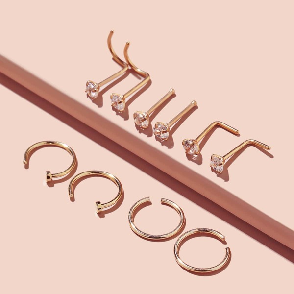 

10pcs Rhinestone Decor Nose Jewelry, Gold